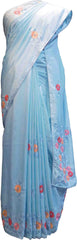 SMSAREE Blue Designer Wedding Partywear Silk Thread Pearl & Sequence Hand Embroidery Work Bridal Saree Sari With Blouse Piece F522