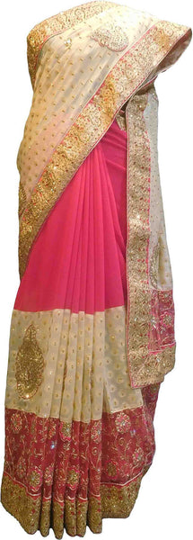SMSAREE Cream & Pink Designer Wedding Partywear Georgette & Net Zari Stone & Thread Hand Embroidery Work Bridal Saree Sari With Blouse Piece F525