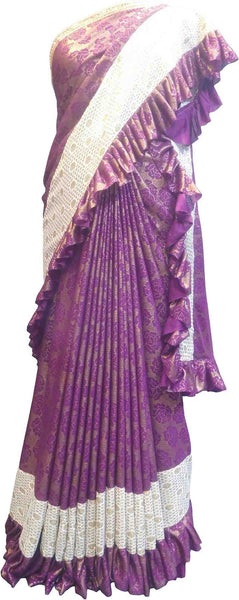 SMSAREE Wine Designer Wedding Partywear Georgette Frill Pattern Bridal Saree Sari With Blouse Piece F527