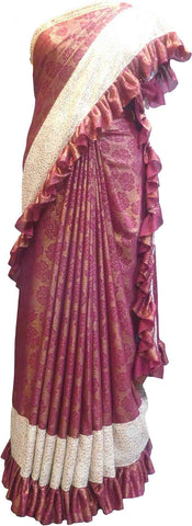 SMSAREE Red Designer Wedding Partywear Georgette Frill Pattern Bridal Saree Sari With Blouse Piece F529