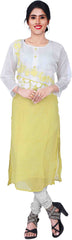SMSAREE White & Yellow Designer Casual Partywear Cotton (Chanderi) & Georgette Viscos Thread Hand Embroidery Work Stylish Women Kurti Kurta With Free Matching Leggings GK469