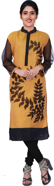 SMSAREE Yellow & Black Designer Casual Partywear Cotton (Chanderi) & Net Sleeves Thread Hand Embroidery Work Stylish Women Kurti Kurta With Free Matching Leggings GKB158