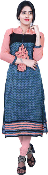 SMSAREE Peach Black & Blue Designer Casual Partywear Cotton (Chanderi) & Georgette Viscos Thread Hand Embroidery Work Stylish Women Kurti Kurta With Free Matching Leggings K841