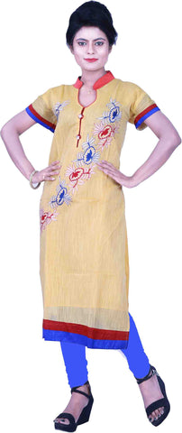 SMSAREE Yellow Designer Casual Partywear Cotton (Chanderi) Thread Hand Embroidery Work Stylish Women Kurti Kurta With Free Matching Leggings K943