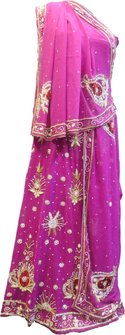 SMSAREE Pink Designer Wedding Partywear Georgette Cutdana Zari Beads & Stone Hand Embroidery Work Bridal Lahenga Dupatta Ghaghra Choli Bari Ki Til With Blouse Piece E974