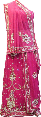 SMSAREE Pink Designer Wedding Partywear Georgette Cutdana Zari Beads & Stone Hand Embroidery Work Bridal Lahenga Dupatta Ghaghra Choli Bari Ki Til With Blouse Piece E990