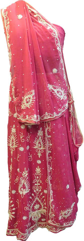 SMSAREE Pink Designer Wedding Partywear Georgette Cutdana Zari Beads & Stone Hand Embroidery Work Bridal Lahenga Dupatta Ghaghra Choli Bari Ki Til With Blouse Piece E994