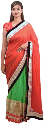 Red & Green Designer Georgette (Viscos) Beads Bullion Sequence Zari Thread Sari Saree