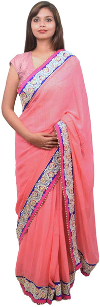 Pink Designer Georgette (Viscos) Hand Embroidery Stone Pearl Zari Stone Thread Work Sari Saree