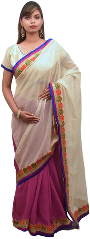 Cream Wine Designer Net & Georgette (Viscos) Hand Embroidery Thread Sequence Zari Work Saree Sari With Stylish Blouse