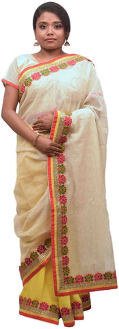 Cream Yellow Georgette (Viscos) & Net Designer Sari Saree With Stylish Blouse