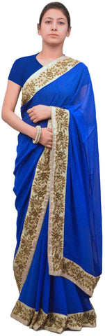 Blue Designer Georgette (Viscos) Hand Embroidery Work Sari Saree