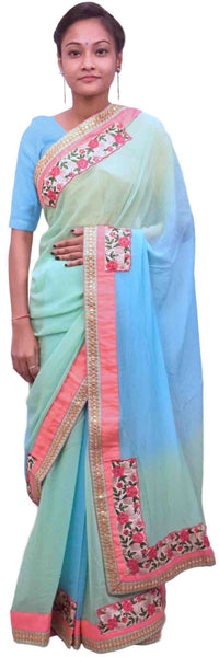 Blue Green Designer Georgette (Viscos) Hand Embroidery Stone Thread Zari Pearl Work Sari Saree