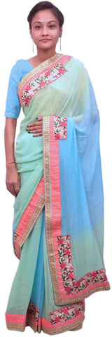 Blue Green Designer Georgette (Viscos) Hand Embroidery Work Sari Saree
