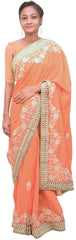 Orange Designer Bridal Georgette Sari Zari, Sequence, Cutdana & Pearl Hand Embroidery Work Saree